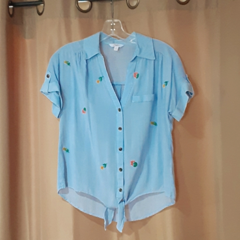 Candies blue and white striped tie front shirt